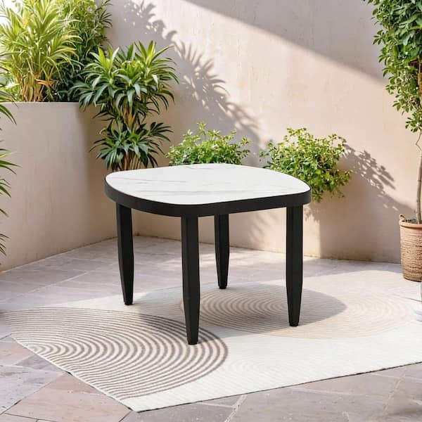 Aluminum Outdoor Side Table with Greek White Marble-Inspired Sintered Stone Top-Weatherproof & Rust-Free