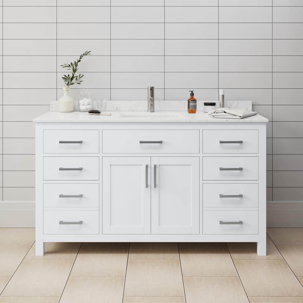 Beckett 60" White Freestanding Single Vanity with Carrara Marble Top