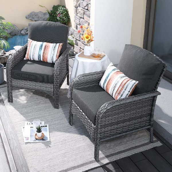 weaxty W Hyacinth A Gray 2-Piece Wicker Patio Outdoor Conversation Seating Sofa Set with Black Cushions