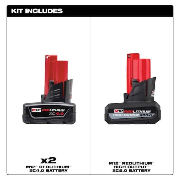 M12 12-Volt Lithium-Ion XC Extended Capacity 4.0 Ah Battery Pack (2-Pack) with XC High Output 5.0 Ah Battery Pack