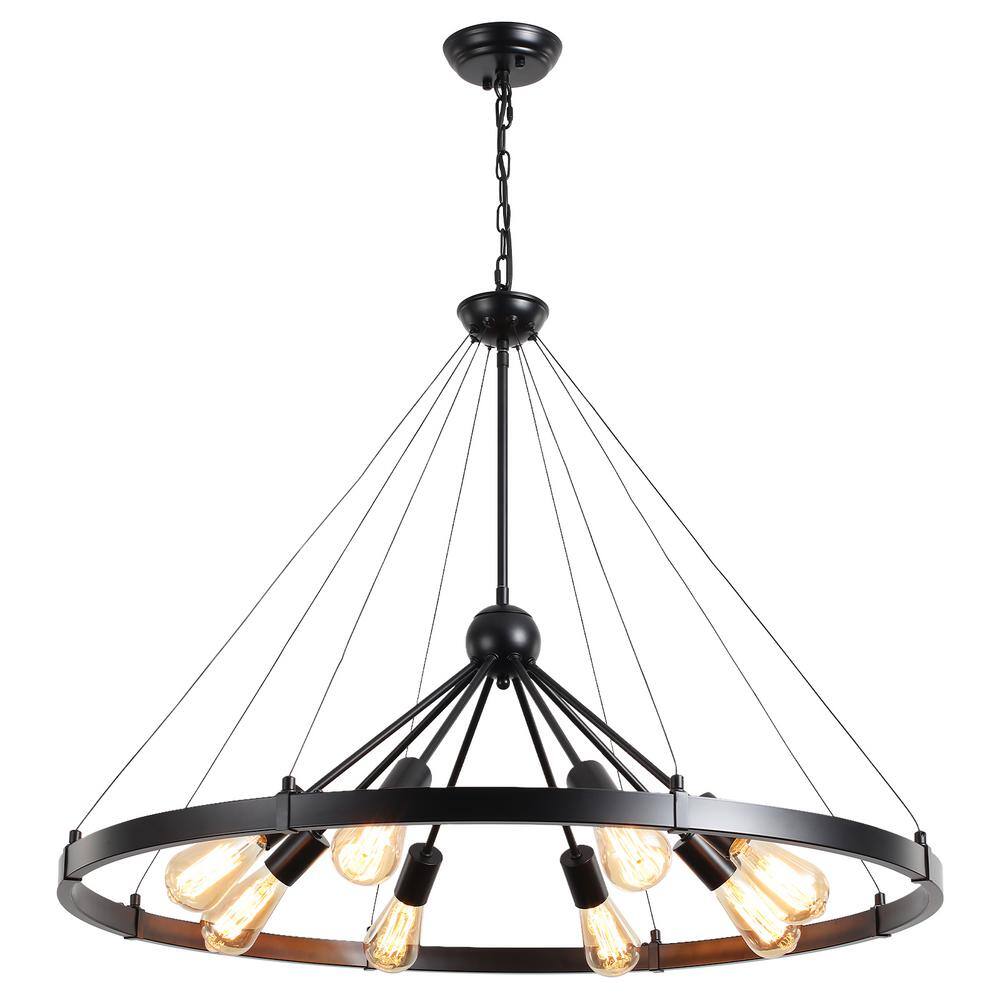 Large Black Metal Wagon Wheel Chandelier with 8 Lights
