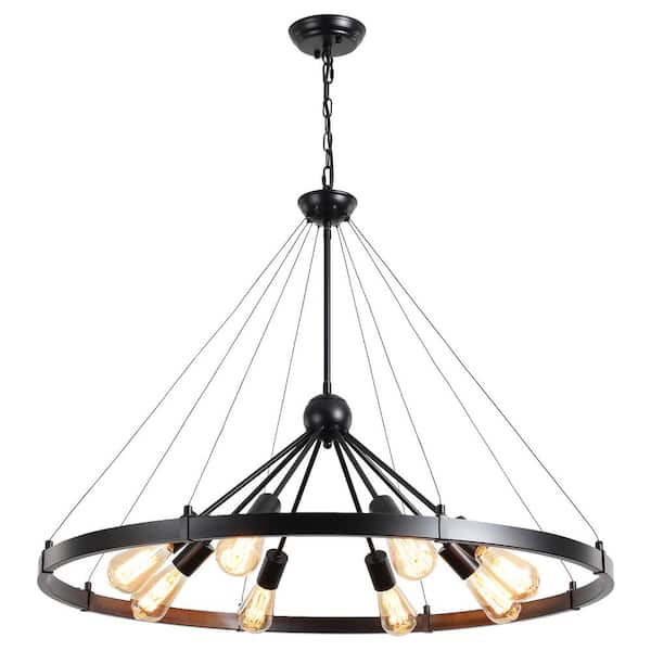 Black 8-Light Wagon Wheel Chandelier – 26 Inch Farmhouse Fixture For Dining Room, Kitchen, Porch