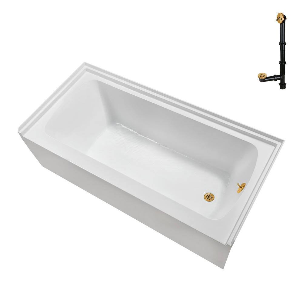 Glossy White Acrylic Alcove Bathtub with Brushed Gold Trim