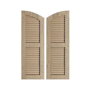 18 x 62 in. Timberthane Polyurethane Rough Sawn 2-Equal Louvered with Elliptical Top Faux Wood Shutters Pair in Primed