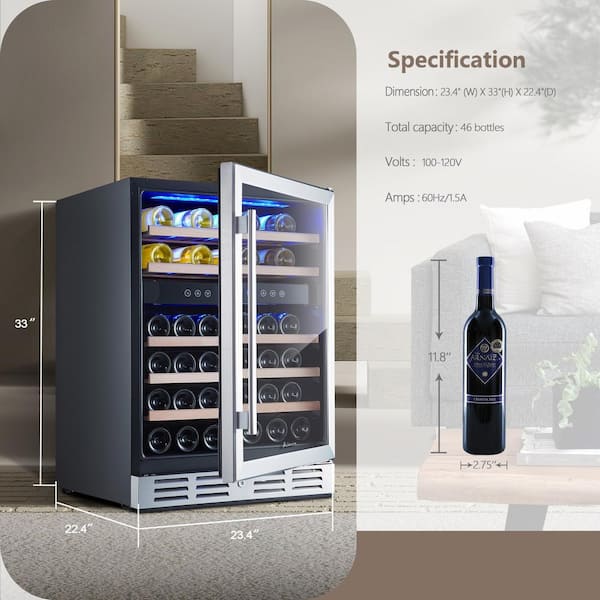 Kalamera 24 Wine refrigerator 46 Bottle Dual Zone Built-in and Freestanding with Stainless Steel & Triple-Layer Tempered Glass Door and Temperature Memory Function 
