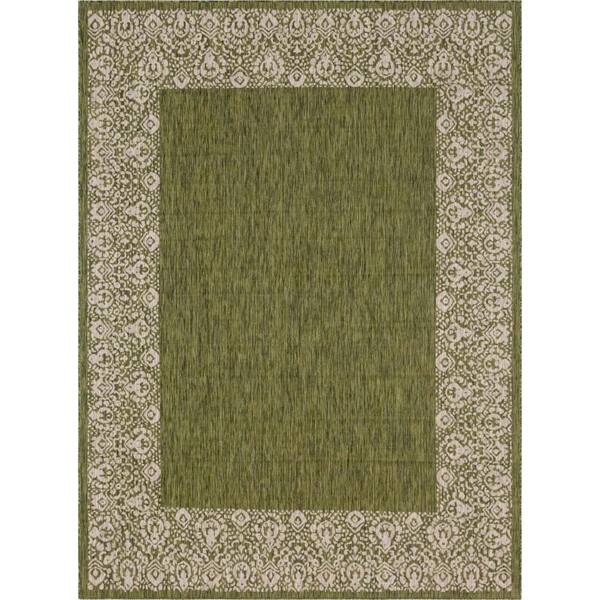 Unique Loom Outdoor Floral Border Green 9 ft. x 12 ft. Area Rug