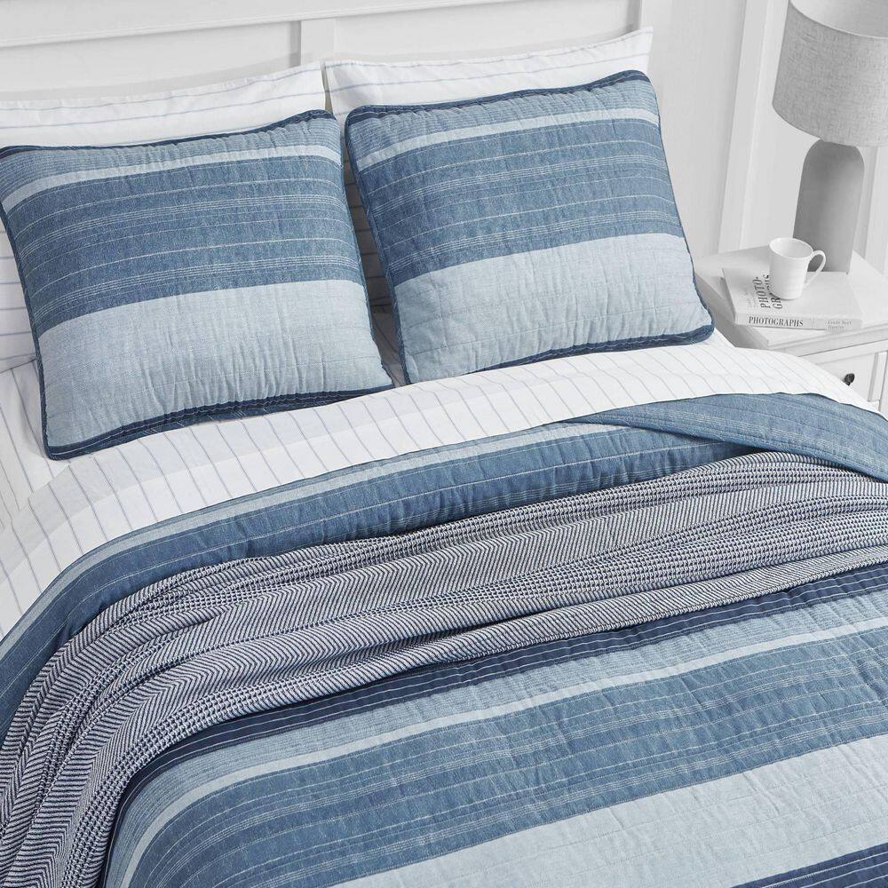 Classic Blue Cotton Reversible Full Quilt Set
