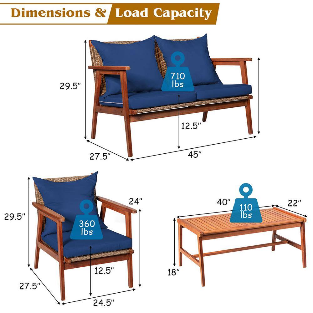 Navy Acacia Wood and Rattan 4-Piece Outdoor Patio Set