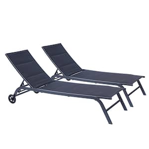 2-Piece Black Metal Adjustable Outdoor Chaise Lounge with Wheels