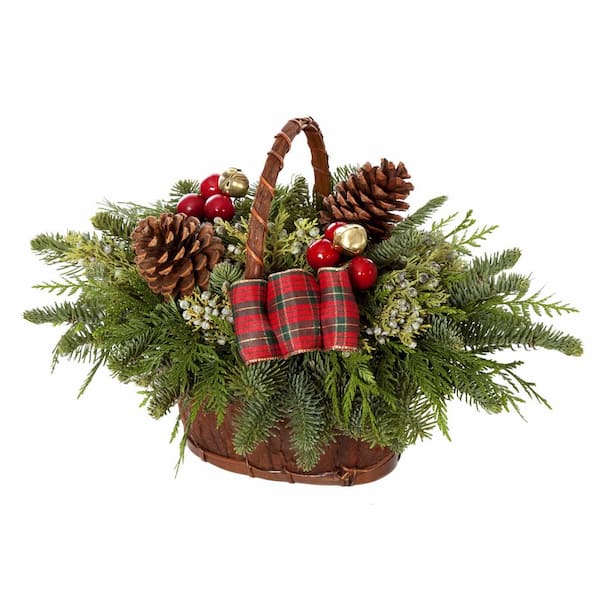 Online Orchards 24 in. Jingle Bell Wicker Basket Centerpiece Made With Fresh and Fragrant Pacific Northwest Evergreen Cuttings