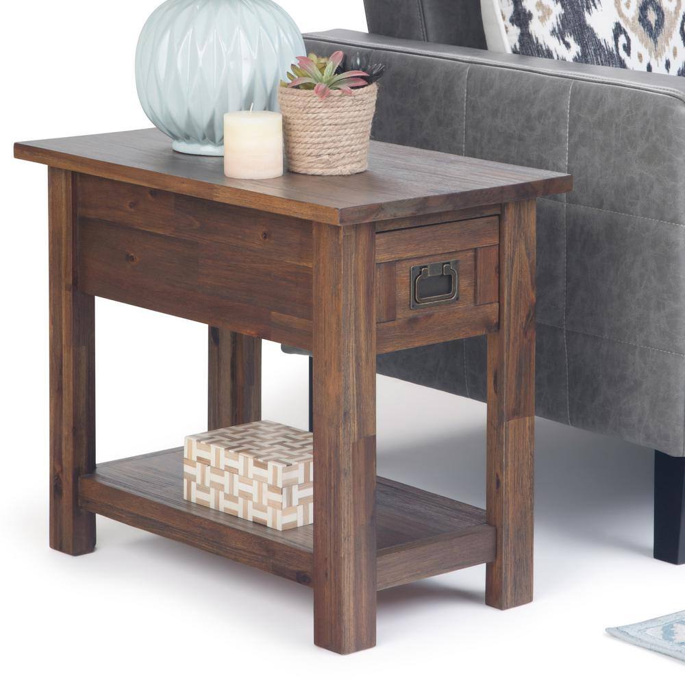 Distressed Charcoal Brown Acacia Wood Narrow Side Table with Storage