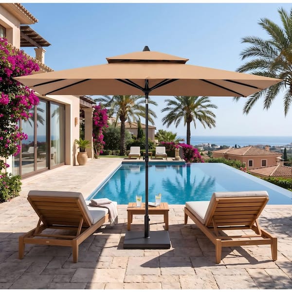 10 FT. x 6.5 FT. Outdoor Market Umbrella with 40 lb. Weighted Base Included Rectangle Double Top Patio Umbrella in Brown