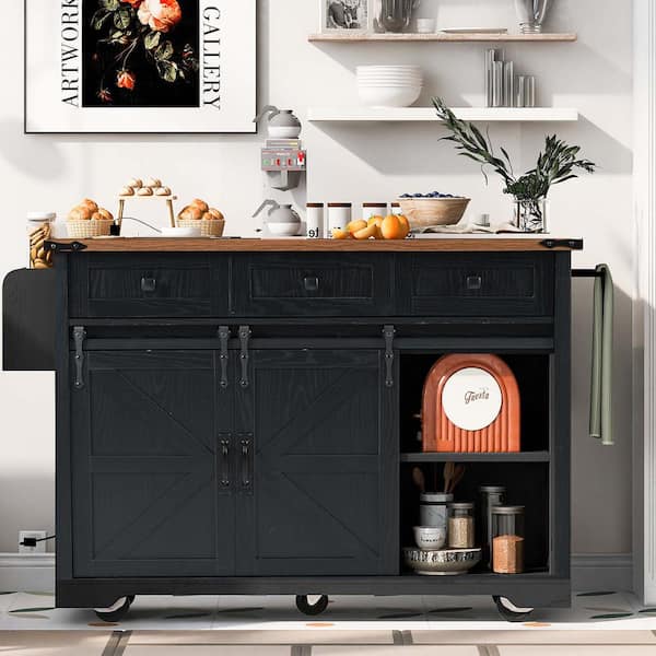 Zeus & Ruta Black Wood 53.8 in. Kitchen Island with Drop Leaf and