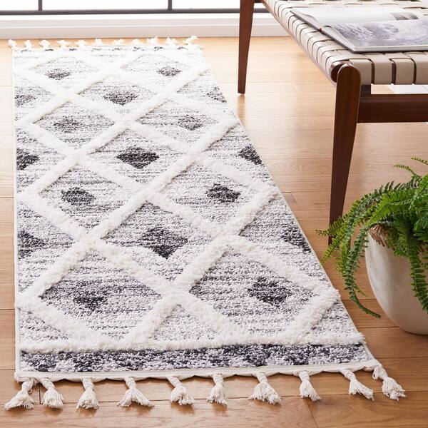 Moroccan Tassel Shag 2 ft. x 8 ft. Gray/Ivory Zig-Zag Border Diamond Runner Rug