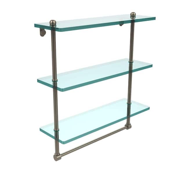 Allied Brass 16 in. L x 18 in. H x 5 in. W 3-Tier Clear Glass Bathroom Shelf with Towel Bar in Antique Pewter