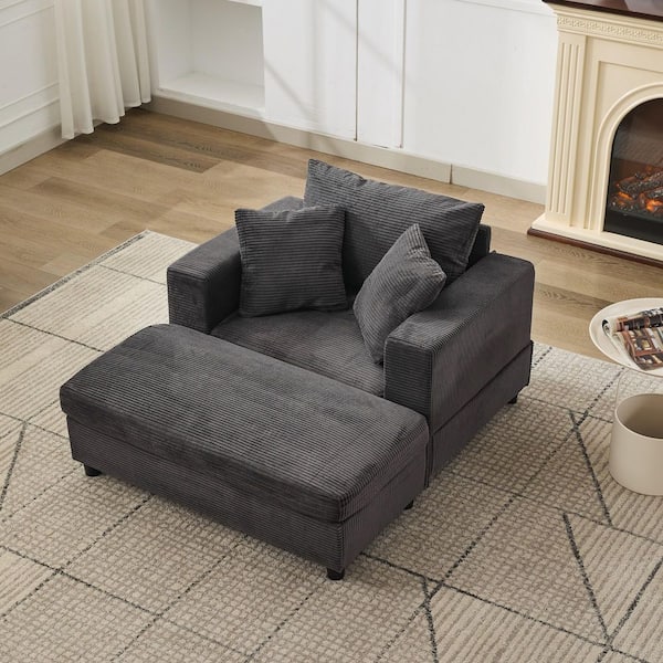 Pryden Modern 43 in. Dark Gray Corduroy Upholstered Twin Size Sofa Bed Square Armchair with Storage Ottoman, Pillows