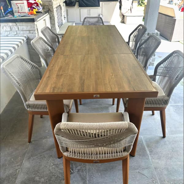 9-Piece Aluminum Outdoor Dining Set Teak Patio Furniture Set Wicker Table and Chairs with Cushions