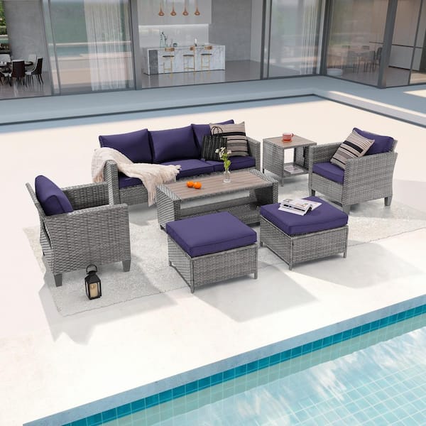 7-Piece Patio Conversation Set Grey Wicker Outdoor Furniture Set Three-Seat Sofa Thickening Cushions, Navy Blue
