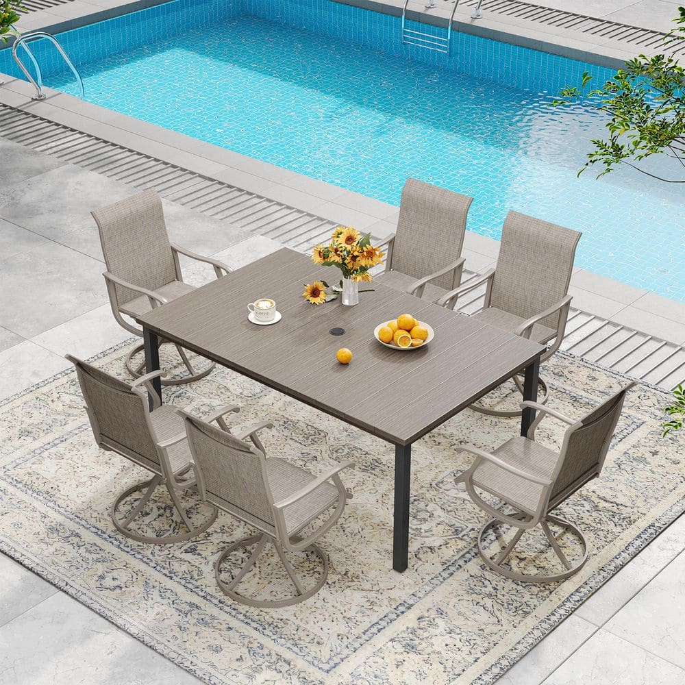 All Weather 7-Piece Metal Outdoor Dining Set with Gray Wood-Like Rectangular Table and 6 Gray Swivel Dining Chairs price history on PriceWatchPro
