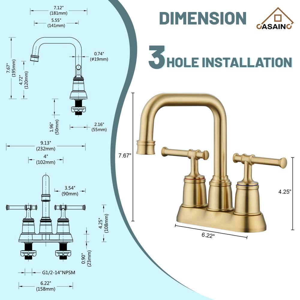 Brushed Gold Stainless Steel Double Handle Bathroom Faucet with Drain Assembly