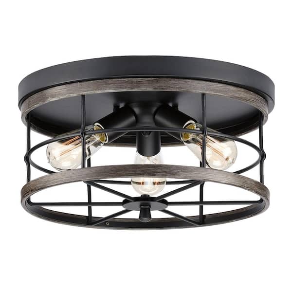 Progress Lighting Fairforest Collection 15.75 in. 3-Light Matte Black Farmhouse Flush Mount with Aged Oak Accents