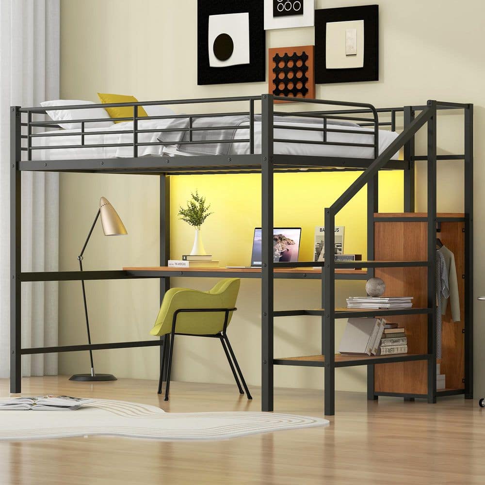 Full Size Metal Loft Bed with Desk, Storage Staircase and Small Wardrobe, Black price history on PriceWatchPro