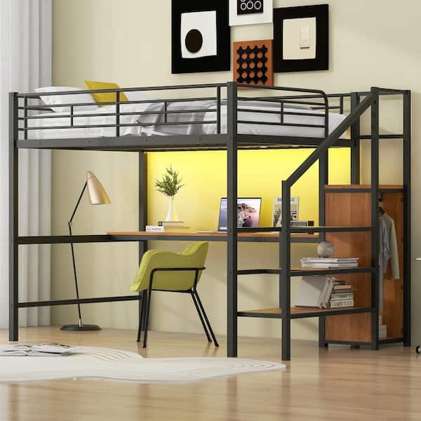 Polibi Full Size Metal Loft Bed with Desk, Storage Staircase and Small Wardrobe, Black