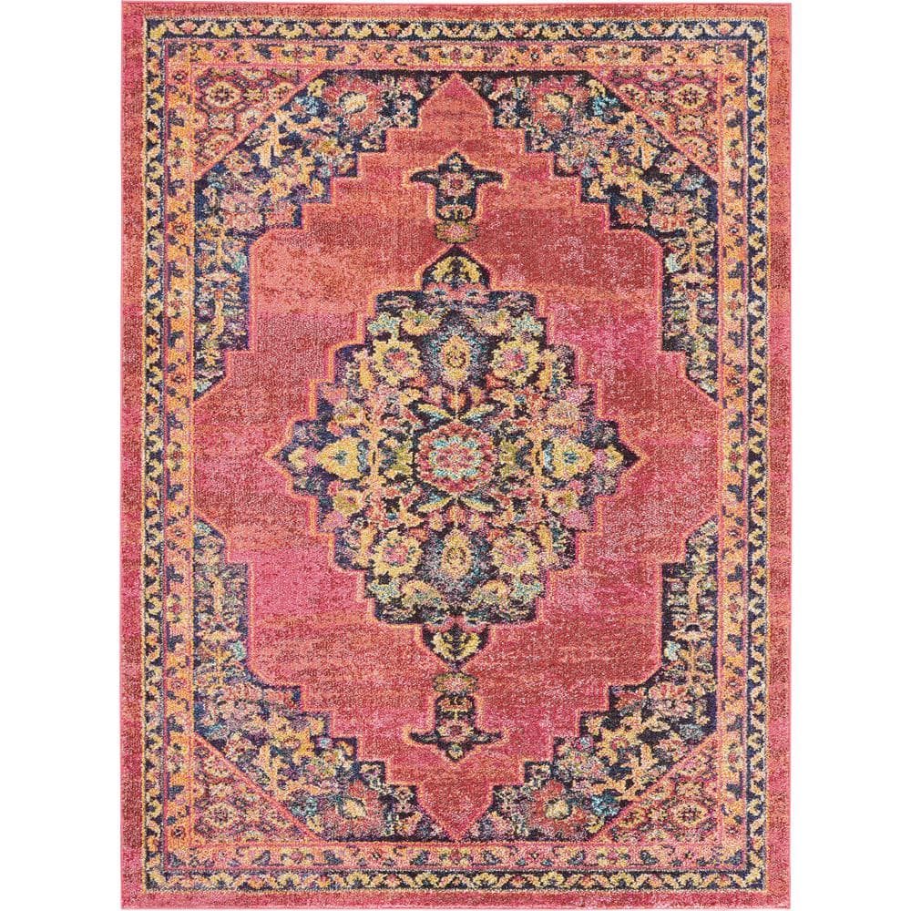 Nourison Pink and Flame Medallion 5'3" x 7'3" Synthetic Area Rug