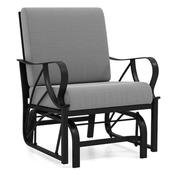 Metal Outdoor Glider Chair Smooth Rocking Single Chair with Thick Gray Cushions and Heavy-Duty Metal Frame