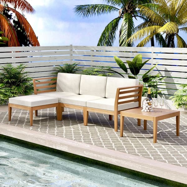 Werph Acacia Wood 5-Piece Outdoor Sectional Patio Sofa L Shape with Cushions and Coffee Table