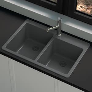 Stonehaven 33 in. Drop-In 60/40 Double Bowl Charcoal Gray Granite Composite Kitchen Sink with Charcoal Strainer