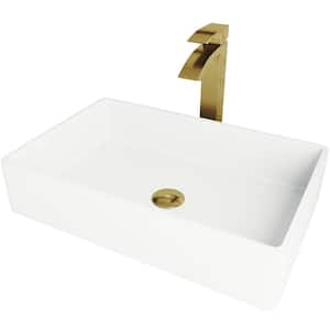 Matte Stone Magnolia Composite Rectangular Vessel Bathroom Sink in White with Faucet and Pop-Up Drain in Matte Gold