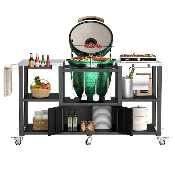 VEIKOUS Metal Outdoor Bar Cart Rolling Serving Cart with Stainless Steel Top, Storage Cabinet and Wheels