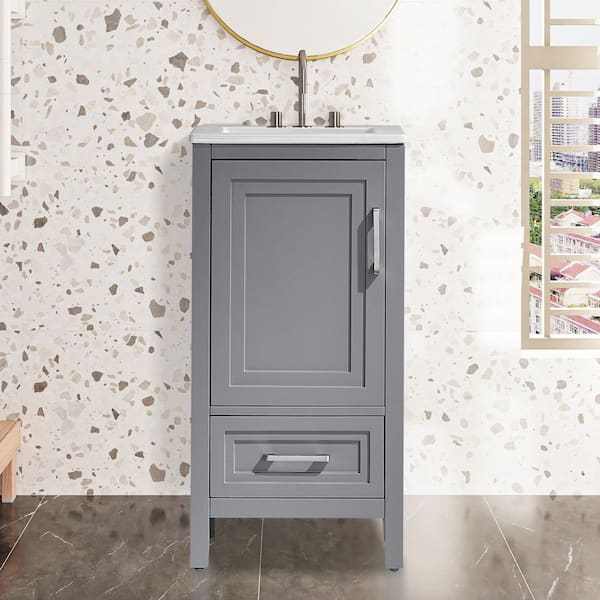 18 in. W Solid Wood Bath Vanity in Gray with White Ceramics Top, Assembled