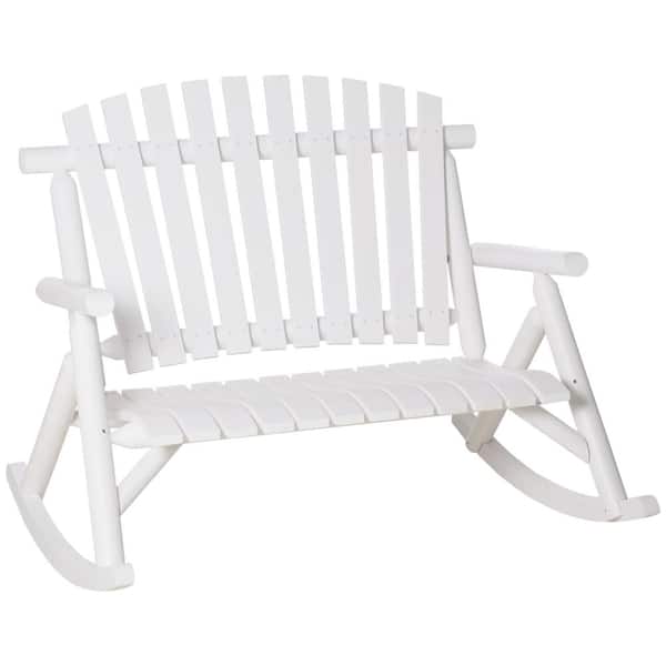 BOPOREA MEGO LLC Outdoor Wood White Double-Person Adirondack Rocking Chair with Slatted Seat High Backrest Patio Rocker for Garden, Porch