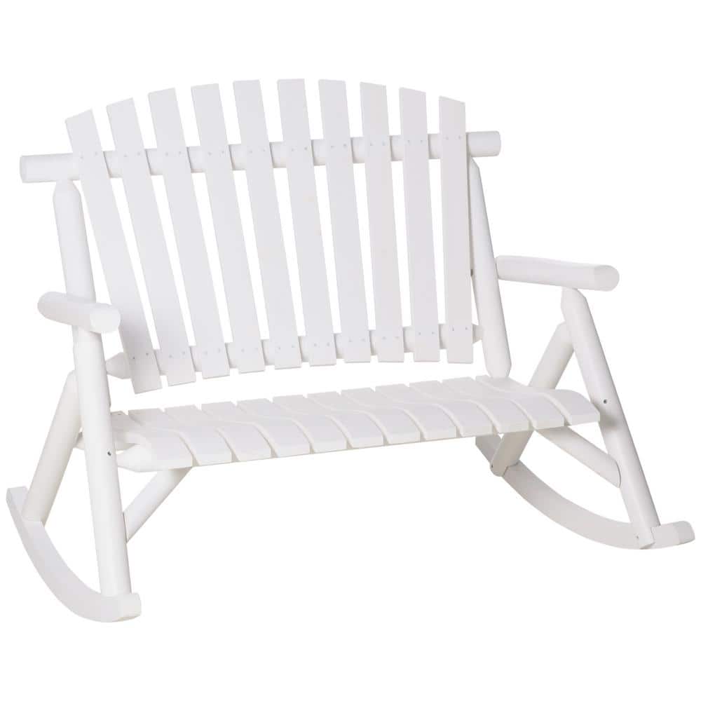 Outdoor Wood White Double-Person Adirondack Rocking Chair with Slatted Seat