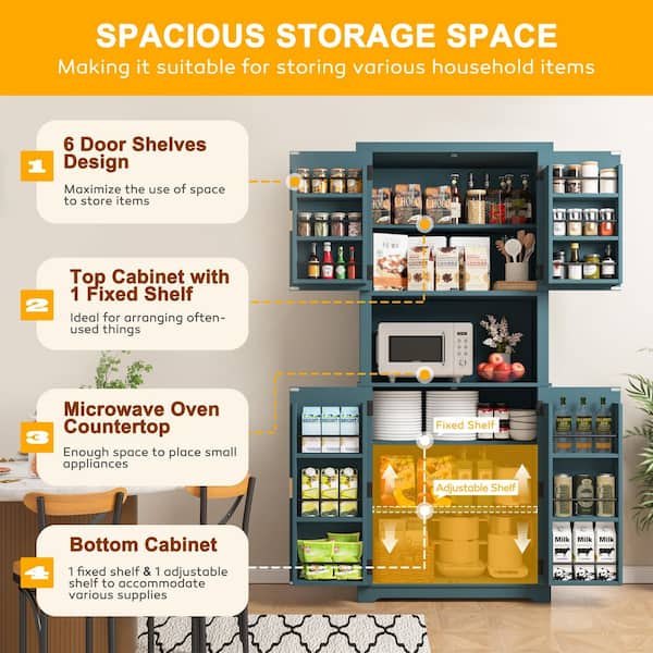 30.7 in. W MDF Food Pantry Cabinet Kitchen Storage Cabinet with Shelves and Countertop in Dark Blue