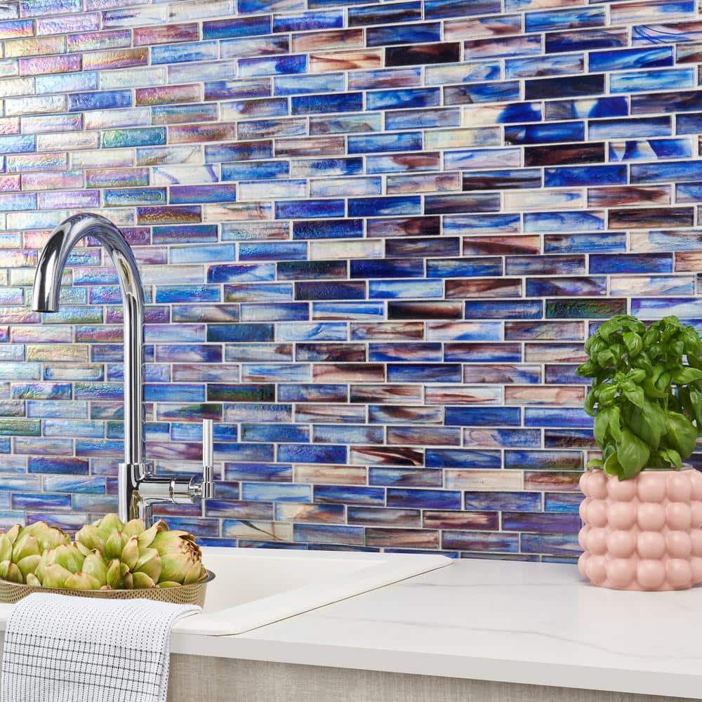 Cove Blue Polished Glass Brick Mosaic Tile Sheet