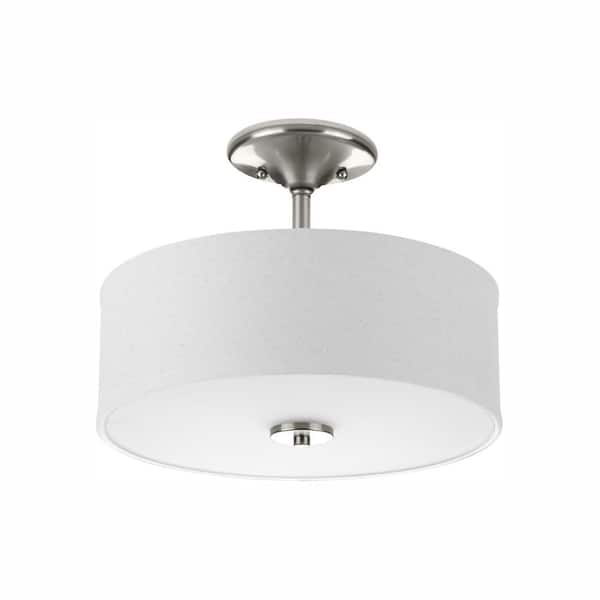 Progress Lighting Inspire Collection 13 in. Brushed Nickel LED Bedroom Semi-Flush Ceiling Mount with White Linen Shade
