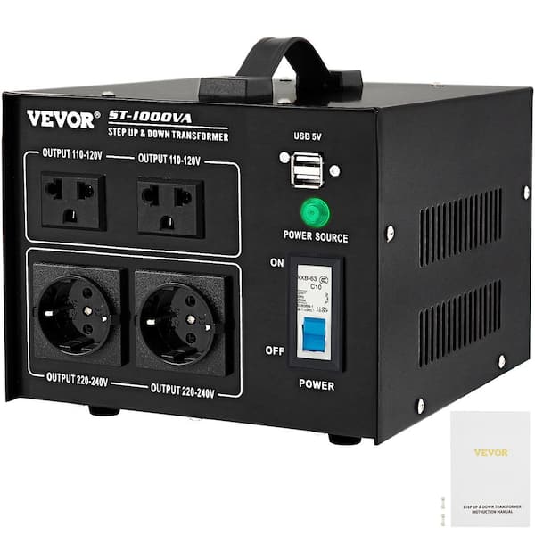 VEVOR Voltage Converter Transformer 1000-Watt Up/Down Transformer 110-Volt/240-Volt US/EU Outlet 5-Volt USB Port Pipe Capacity