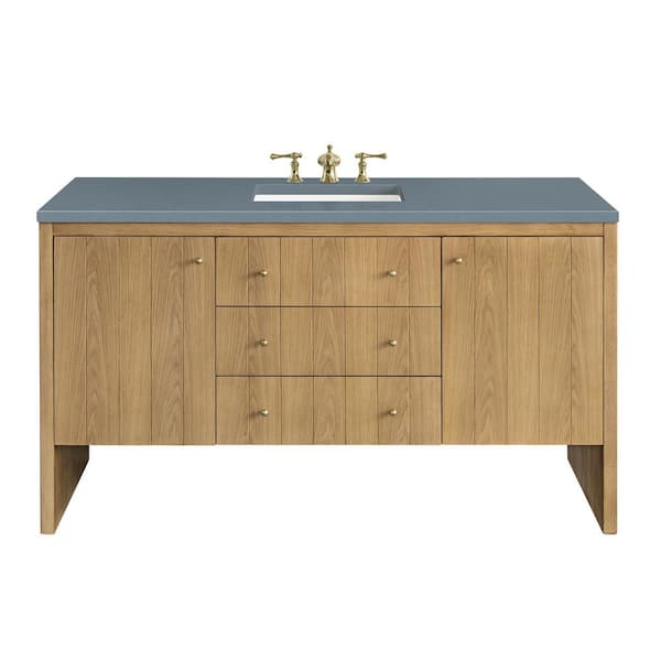 James Martin Vanities Hudson 60.0 in. W x 23.5 in. D x 34.2 in. H Bathroom Vanity in Light Natural Oak with Cala Blue Quartz Top