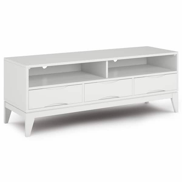 Simpli Home Harper Solid Hardwood 60 in. Wide Mid Century Modern TV Media Stand in White Fits TVs up to 65 in.
