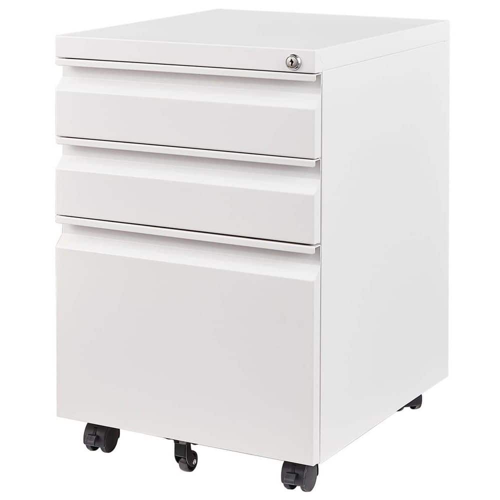 White 23.6 in. H Metal Mobile File Cabinet with 3 Drawers Locking Storage and Rolling Casters