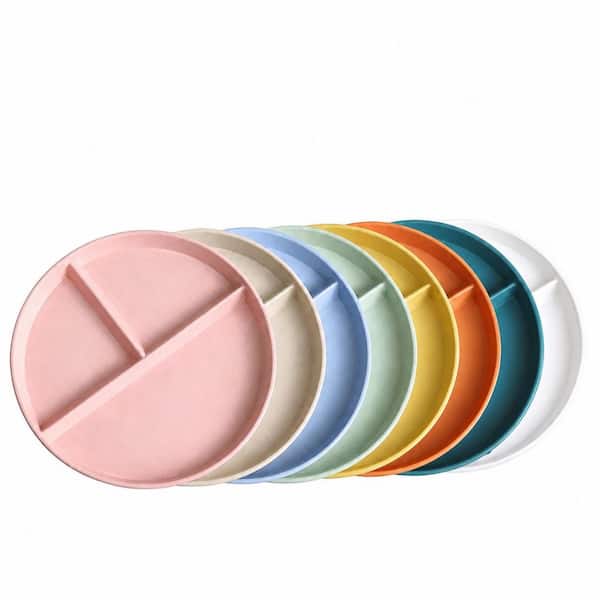 9-Inch Large 3-Compartment Wheat Straw Plates with Multicolor Design for Portion Control and Healthy