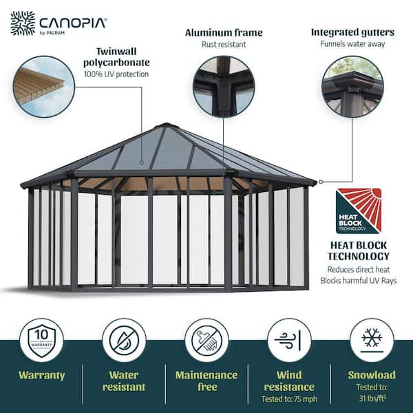 Garda 17 ft. x 20 ft. Gray/Bronze Closed Outdoor Gazebo / Hot Tub Enclosure and Solarium