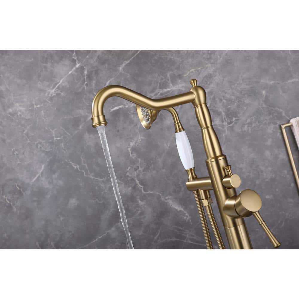 Brushed Gold Single Handle Floor Mounted Bathtub Faucet with Handheld Shower