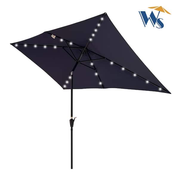 GOSHADOW 10 ft. x 6.5 ft. LED Lighted Market Solar Outdoor Umbrellas with Crank and Push Button Tilt in Navy Blue