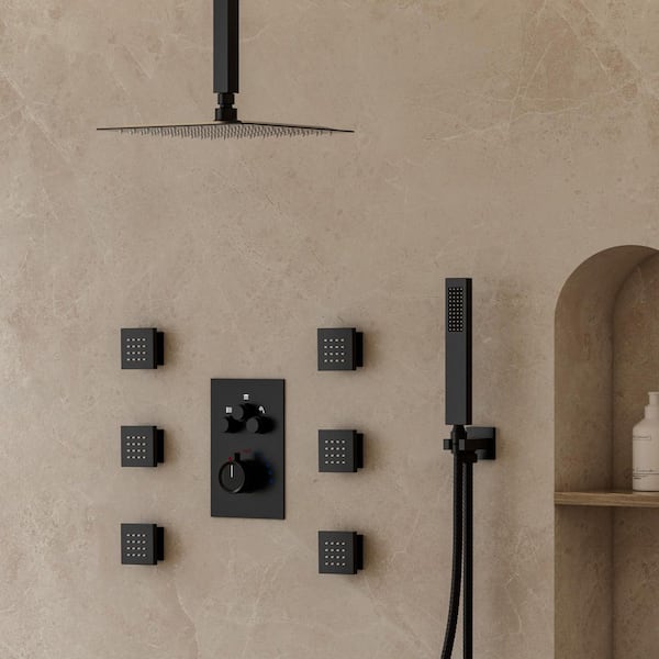 YAWWALK Triple Handles 7-Spray Patterns Shower Faucet 12 in. Shower Head with 6-Jets in Matte Black (Valve Included)