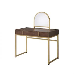 Coleen Walnut and Gold Vanity Desk with Mirror and Jewelry Tray 42 in. .
