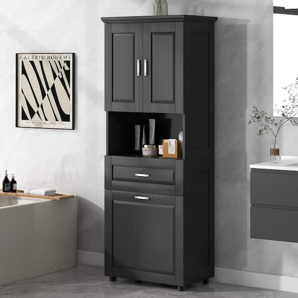 XUJMK 25 in. W x 16 in. D x 70 in. H Black Linen Cabinet, Large Storage Space Tilt-Out Laundry Hamper, Upper Storage Cabinet